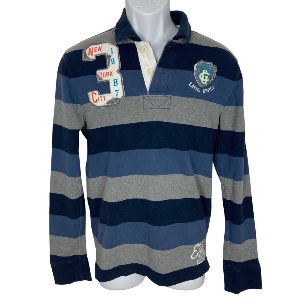 Aeropostale Rugby Shirt Mens Small Blue Gray Striped NYC Patch Athletic Y2K - Picture 12 of 12